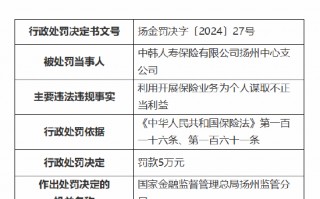 中韩人寿扬州中心支公司被罚5万元：因利用开展保险业务为个人谋取不正当利益