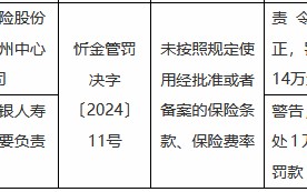 农银人寿忻州中心支公司被罚14万元：未按照规定使用经批准或者备案的保险条款、保险费率