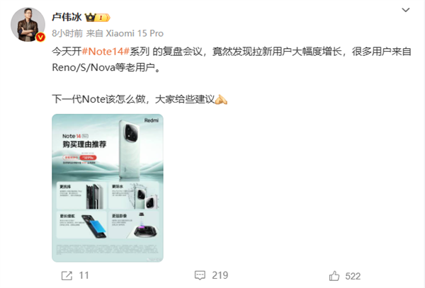 卢伟冰：大批Reno/S/Nova用户纷纷换Redmi Note 14-第1张图片-成都西京哮喘病研究院